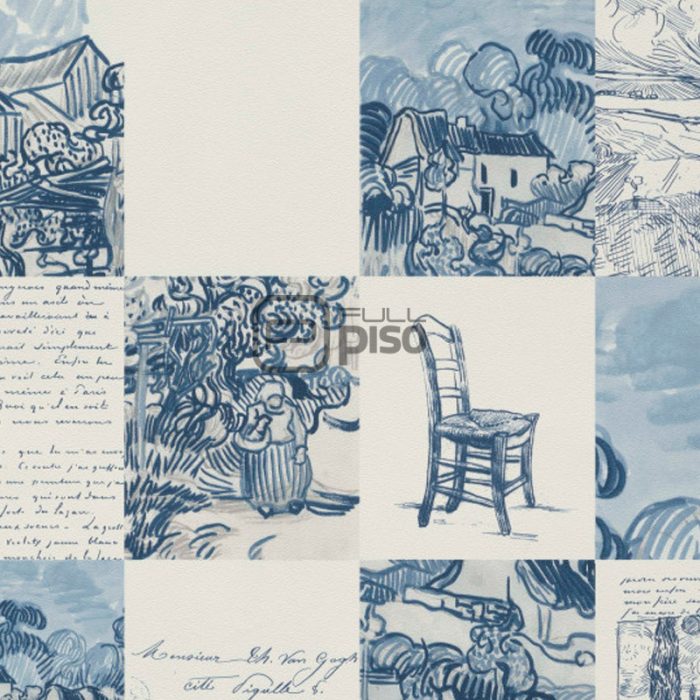 220031 Blanco, Azul - Papel Tapiz Van Gogh BN - Imagen 1